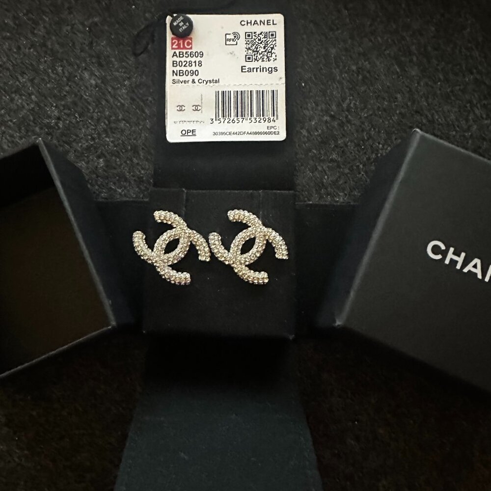 Chanel Silver and Crystal Pave Stud Earrings